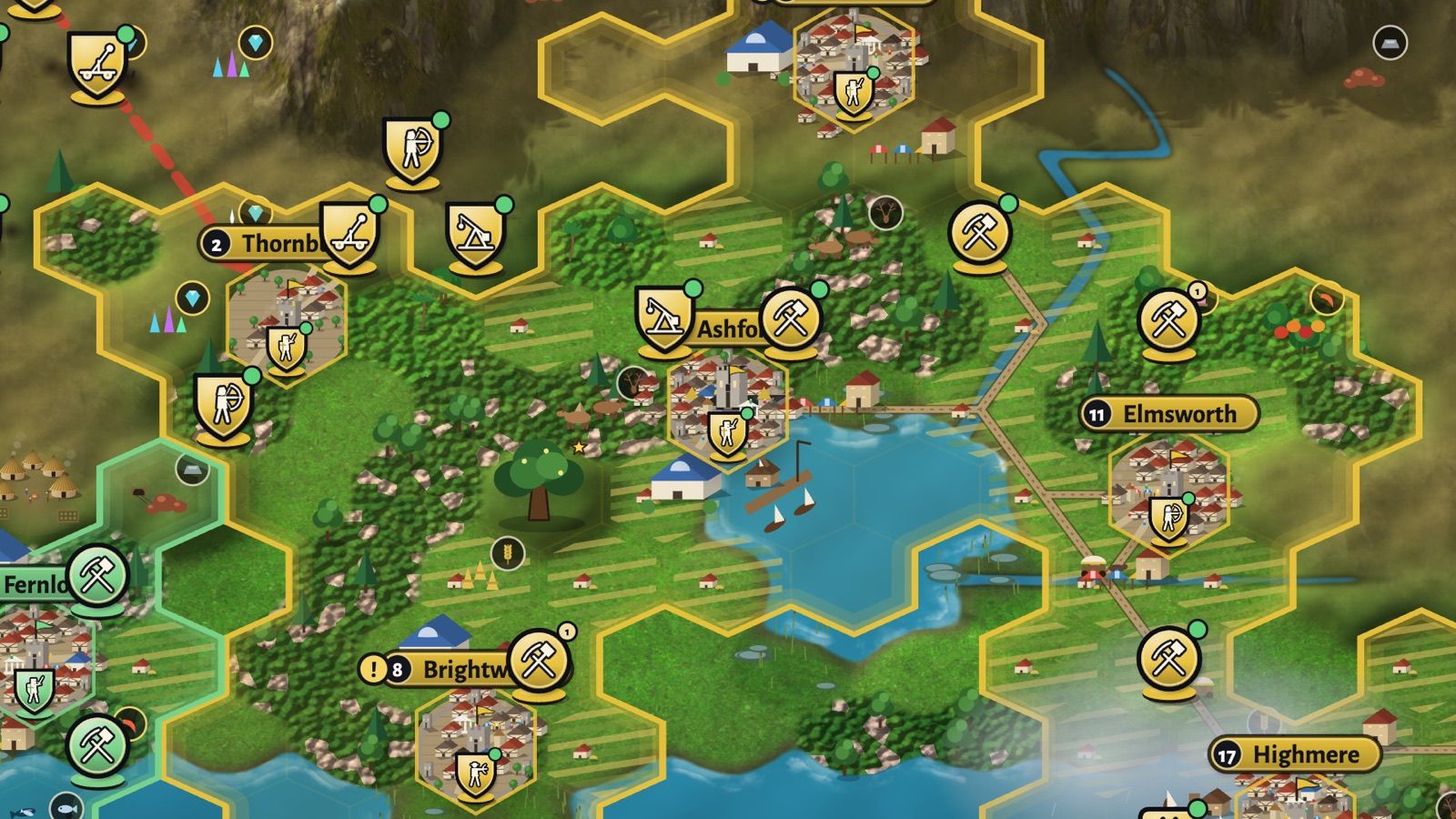 Towns with streets, harbors and districts along a lake
